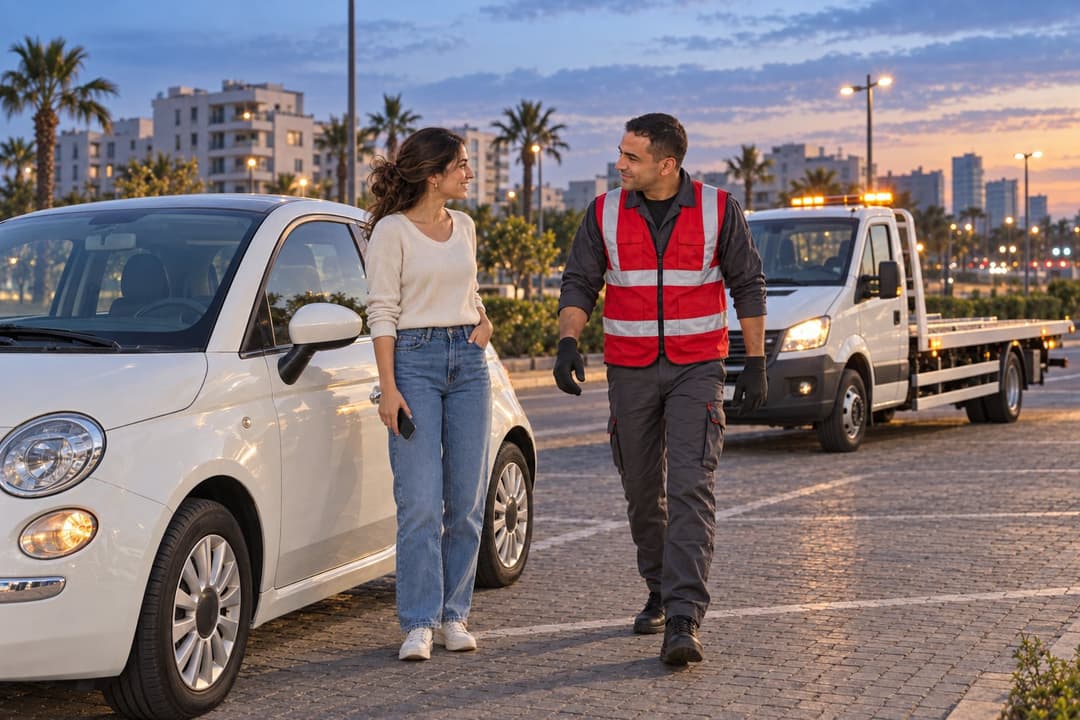 Une automobiliste près de sa petite citadine blanche accueille un dépanneur en gilet rouge ; la dépanneuse plateau vide est garée derrière, sur un parking bordé de palmiers.