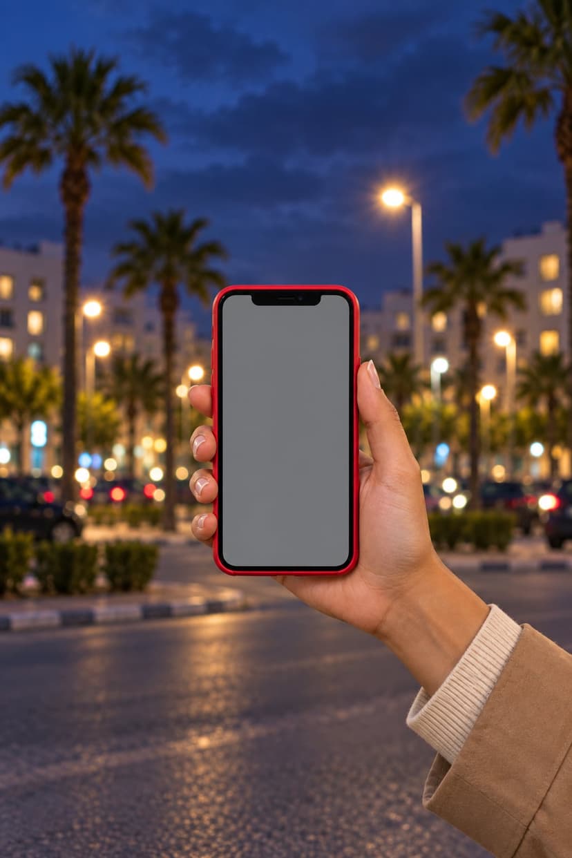Main tenant un smartphone à coque rouge, écran vierge, devant une avenue bordée de palmiers illuminée à l’heure bleue.