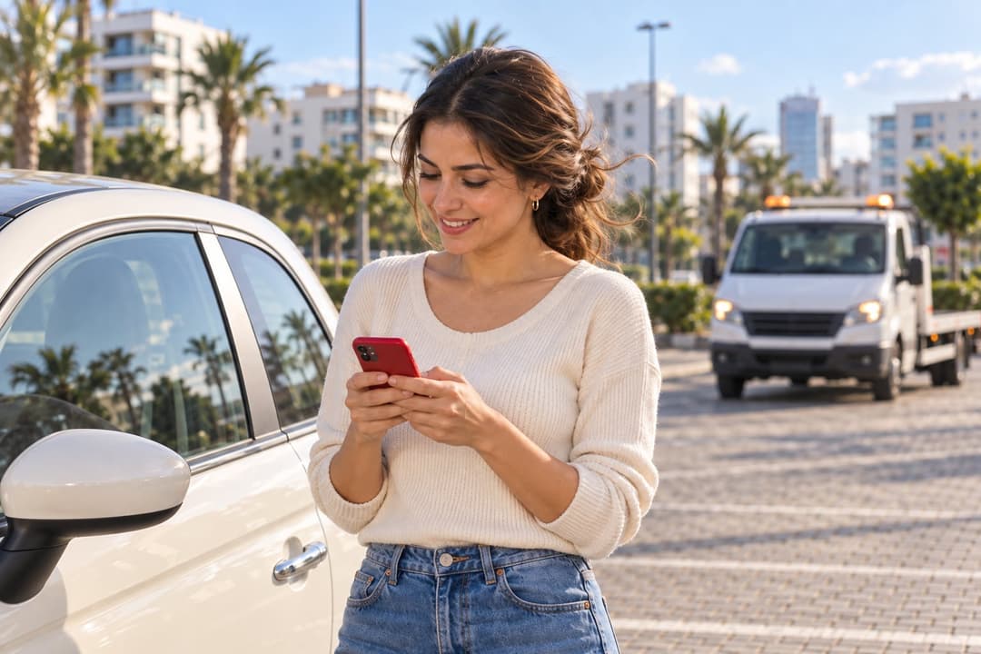 Une automobiliste sourit en faisant sa demande sur son téléphone rouge, à côté de sa petite citadine ; une dépanneuse approche au fond du parking.