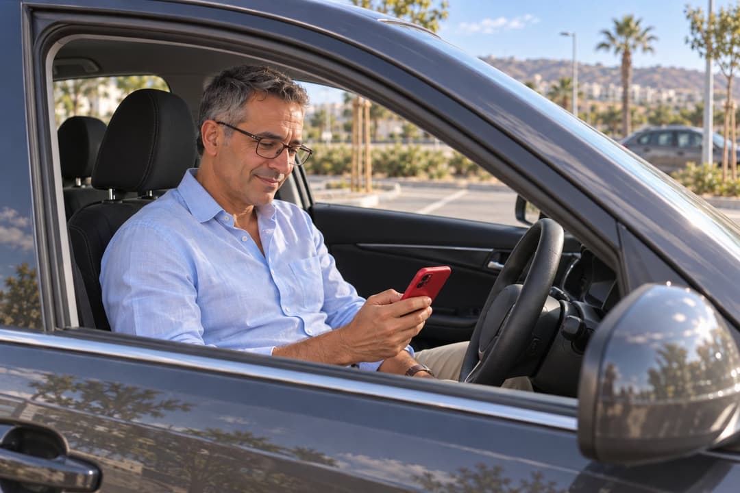 Un conducteur assis dans sa voiture à l’arrêt lit des informations sur son téléphone rouge.