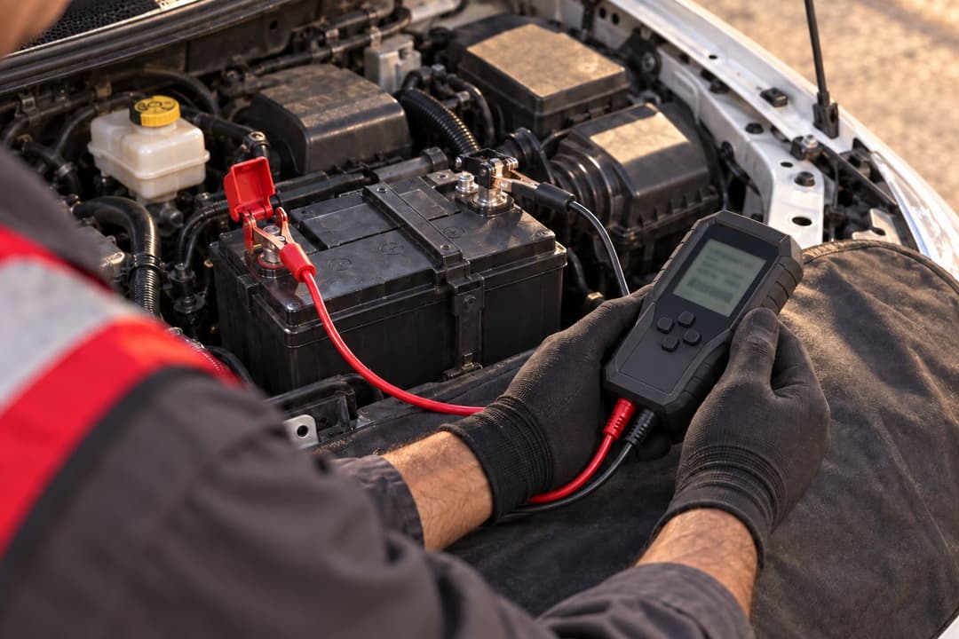 Mains gantées d’un professionnel testant une batterie de voiture avec un testeur portatif, pinces rouge et noire sur les bornes.