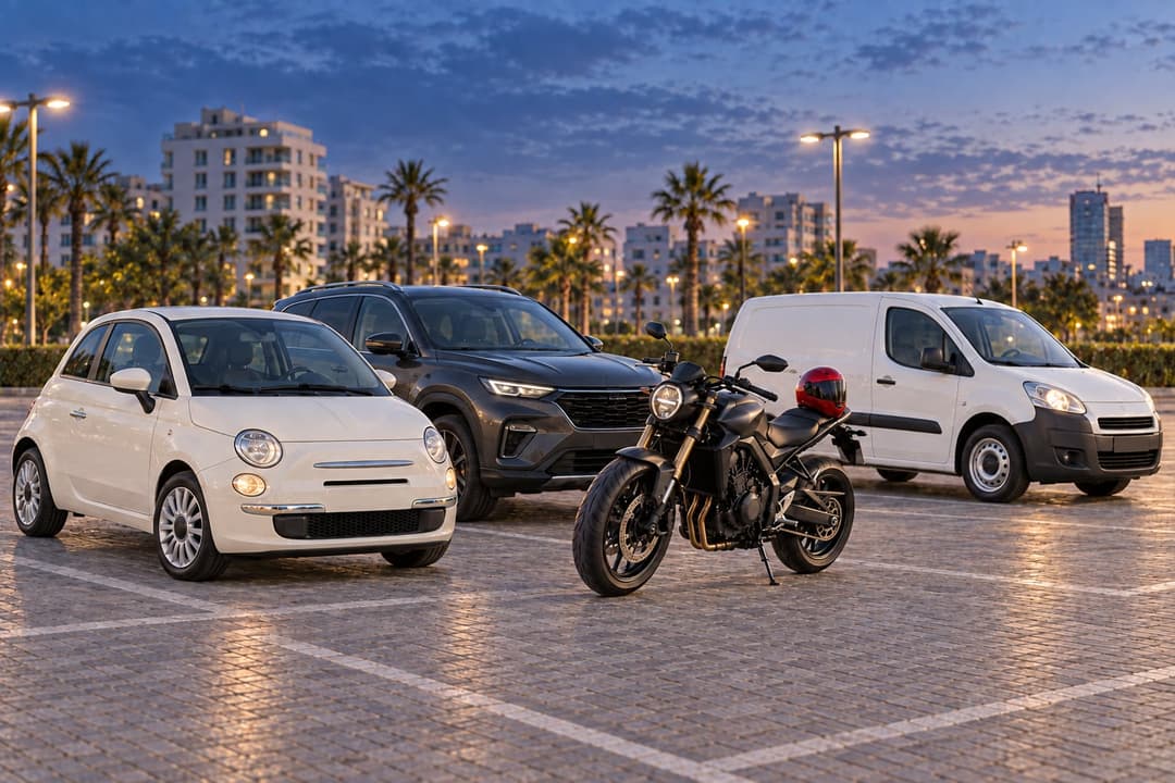 Une citadine, un SUV, une moto et un utilitaire stationnés côte à côte sur un parking au coucher du soleil.