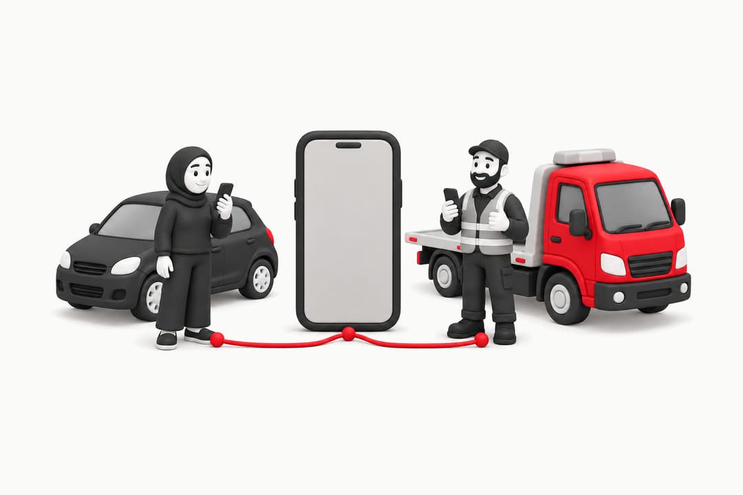 Illustration : une conductrice avec son téléphone près de sa voiture, un grand écran de téléphone au centre et un dépanneur près de sa dépanneuse rouge, reliés par un fil rouge.