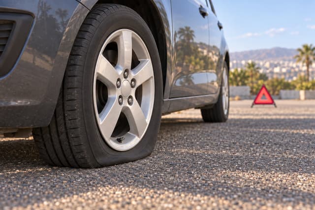 Gros plan d’un pneu à plat sur une voiture arrêtée, triangle de signalisation posé derrière.
