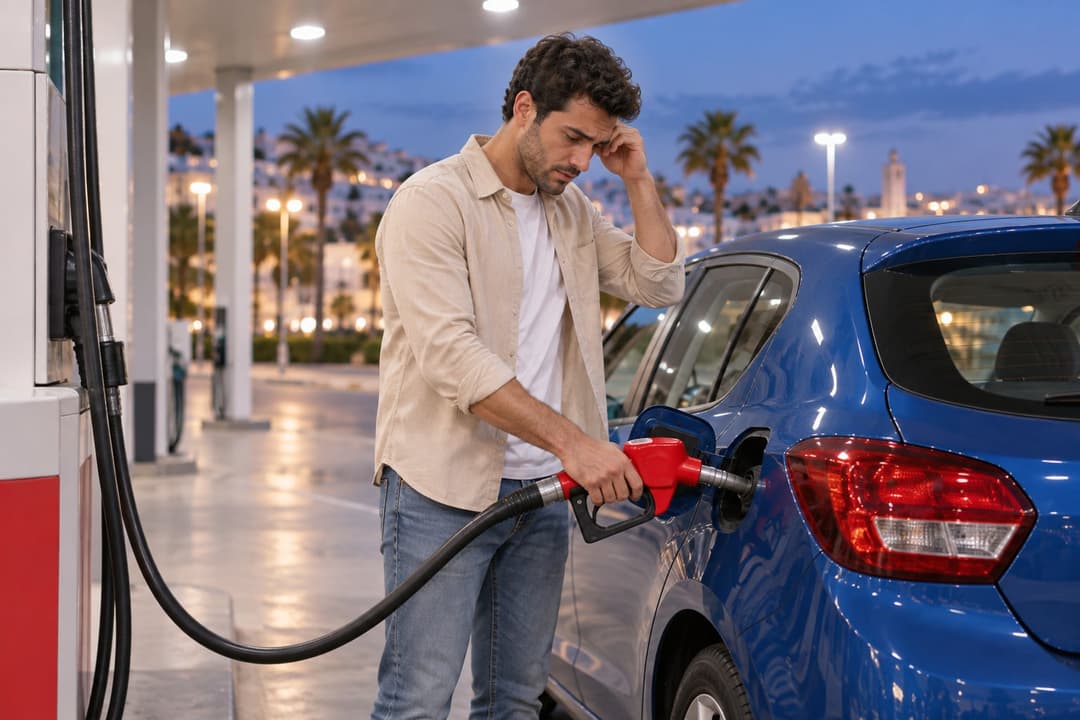 À la pompe, un conducteur se tient le front en réalisant son erreur de carburant, le pistolet dans le réservoir de sa voiture bleue.
