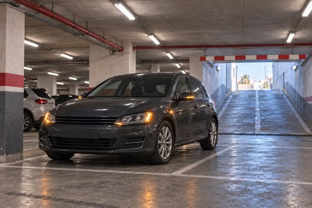 Voiture immobilisée dans un parking souterrain bas de plafond, feux orange allumés, rampe de sortie en arrière-plan.