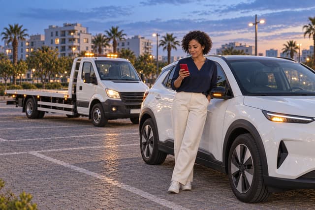 Une conductrice près de sa voiture électrique blanche consulte son téléphone ; une dépanneuse plateau est arrivée derrière.