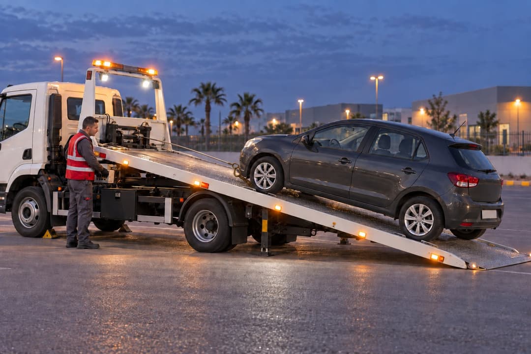 Une voiture est chargée sur le plateau incliné d’une dépanneuse à l’heure bleue ; l’opérateur manœuvre depuis les commandes latérales.
