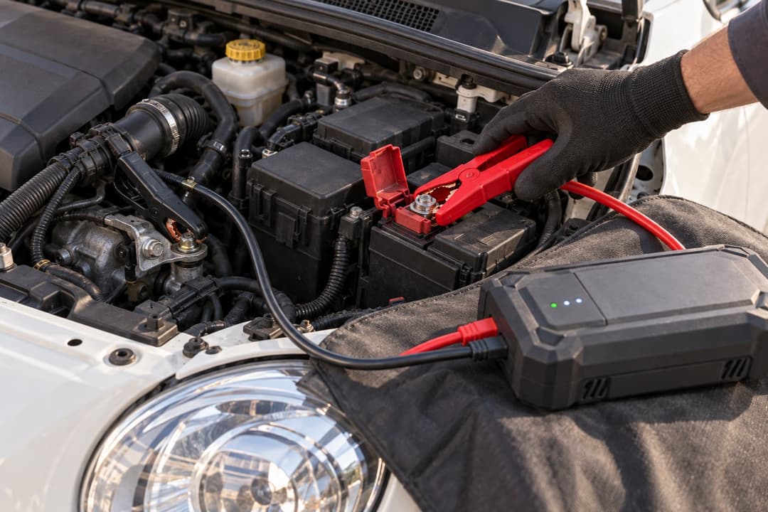 Gros plan des pinces rouge et noire d’un booster branchées sous le capot d’une voiture, tenues par une main gantée.