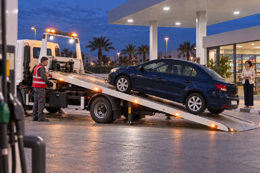 De nuit, une berline bleue est chargée sur une dépanneuse plateau devant une station-service.