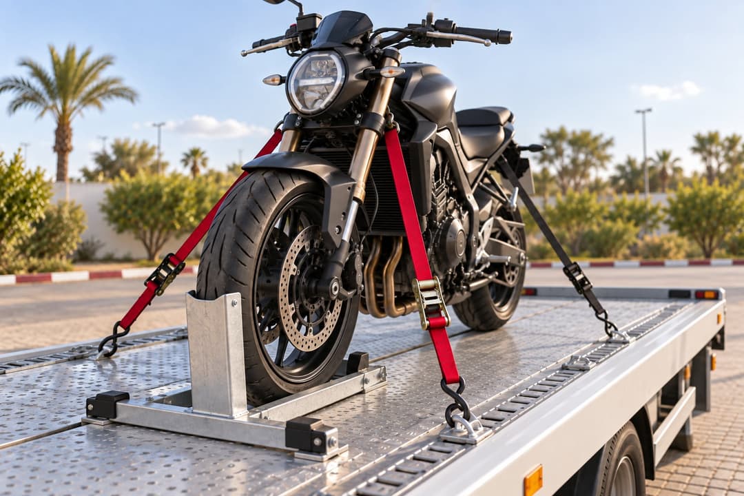 Une moto maintenue par des sangles rouges sur le plateau d’une dépanneuse, roue avant dans un sabot.