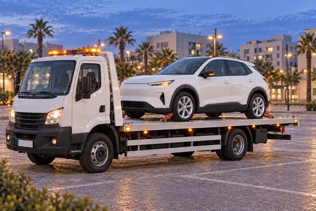 Crossover électrique blanc transporté sur une dépanneuse plateau, les quatre roues sur le plateau.