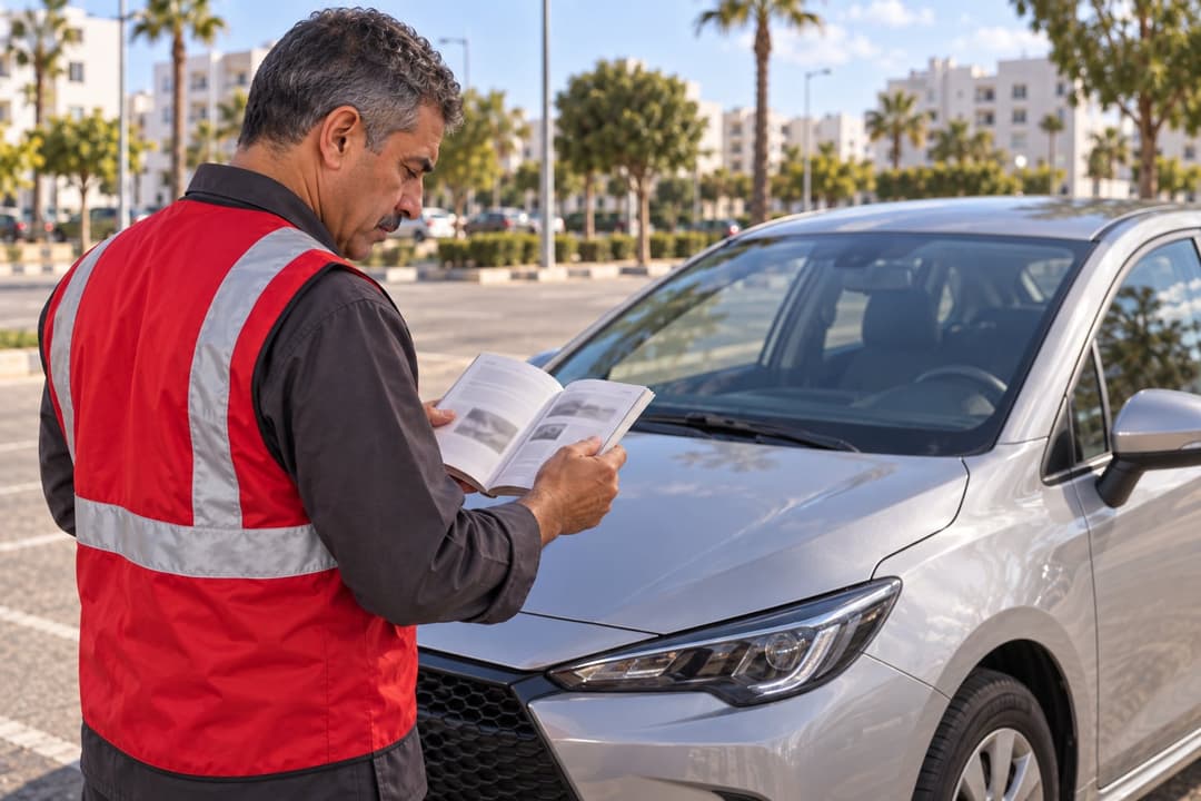 Un dépanneur consulte le manuel d’une voiture hybride avant d’intervenir.