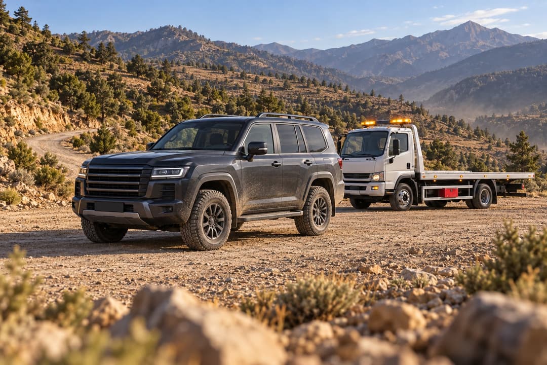 Un 4x4 et une dépanneuse stationnés sur une piste de montagne.