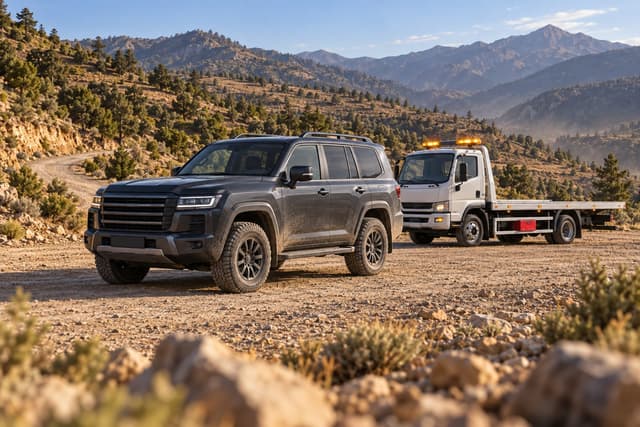 Un 4x4 et une dépanneuse stationnés sur une piste de montagne.