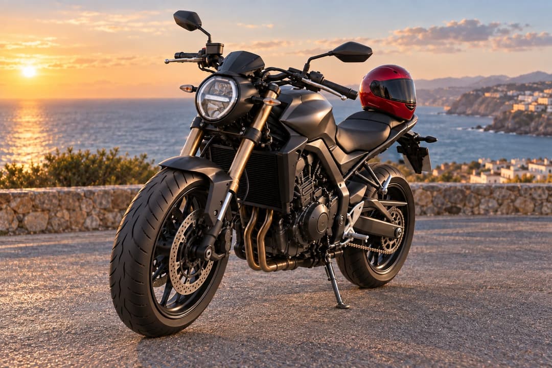 Moto sur sa béquille au bord de la mer, casque rouge posé sur la selle, au coucher du soleil.