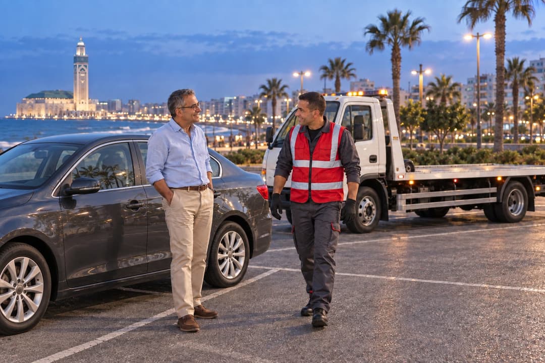 Casablanca : un dépanneur rejoint un automobiliste sur un parking face à la mer, minaret de la mosquée Hassan II au loin.