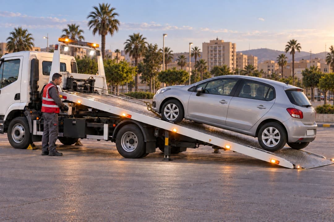Oujda : une voiture grise est chargée sur une dépanneuse plateau, dans une avenue bordée de palmiers.