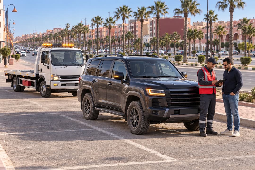 Laâyoune : un dépanneur et un automobiliste discutent près d’un SUV noir, sur un boulevard bordé de palmiers.