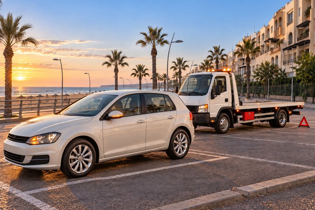 Mohammédia : une citadine et une dépanneuse sur un parking côtier au coucher du soleil, triangle posé.