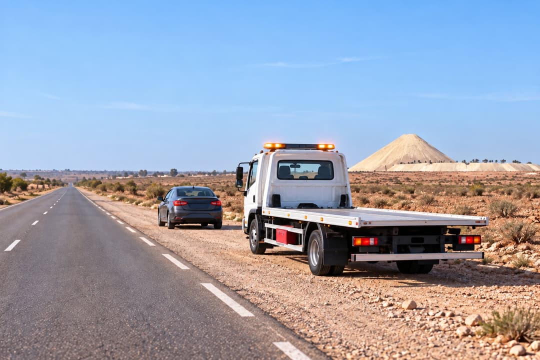 Khouribga : une dépanneuse et une voiture arrêtées sur le bas-côté d’une route du plateau, terril de phosphate au loin.