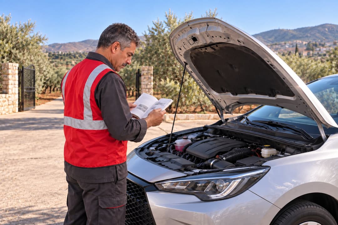 Béni Mellal : un dépanneur consulte le manuel d’une voiture hybride au capot ouvert, oliveraies en arrière-plan.