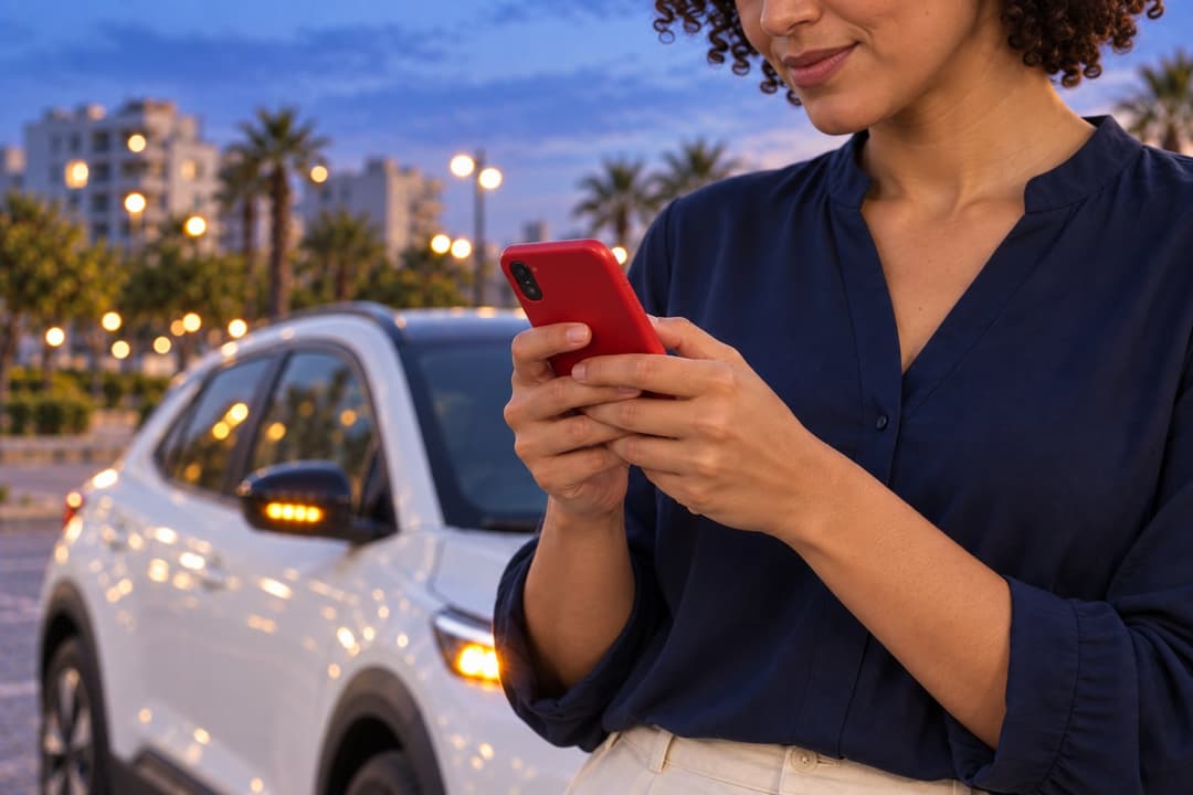 امرأة تنظر إلى هاتفها الأحمر بجانب سيارتها البيضاء في موقف حضري عند الساعة الزرقاء.